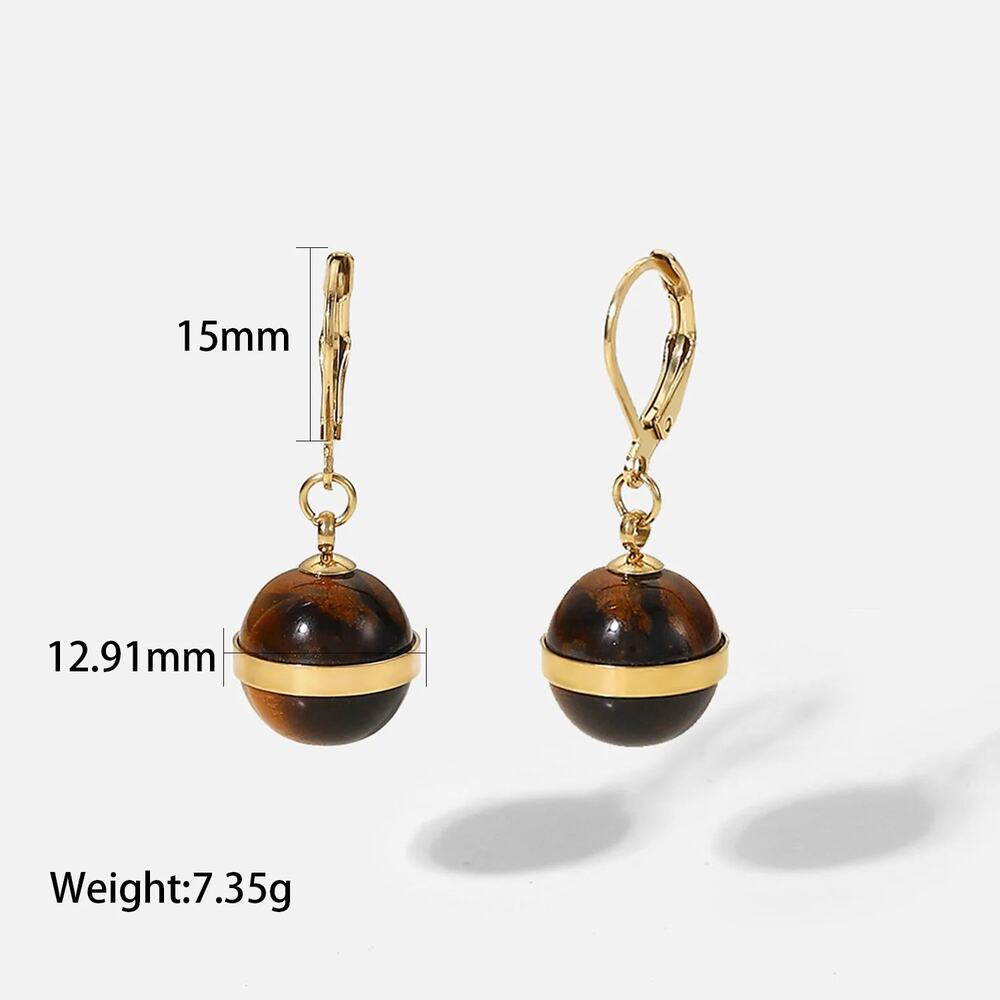Natural Tiger Eye Ball Agate Pendant Earrings 14K Gold Plated Stainless‎ Steel - Picture 7 of 7